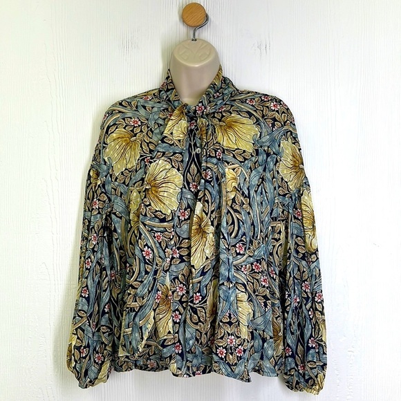 H&M - Morris & Co Gold Floral Oversize Button Down Tie At Neck Blouse Size 2 - Picture 1 of 12